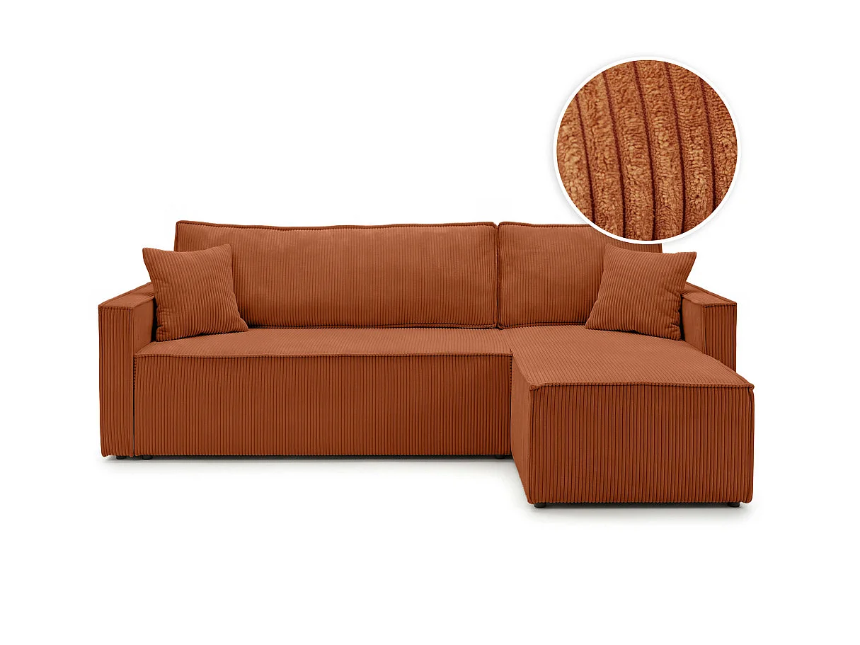 Canapé dangle réversible convertible 4 places FARAH avec coffre en velours côtelé - Terracotta