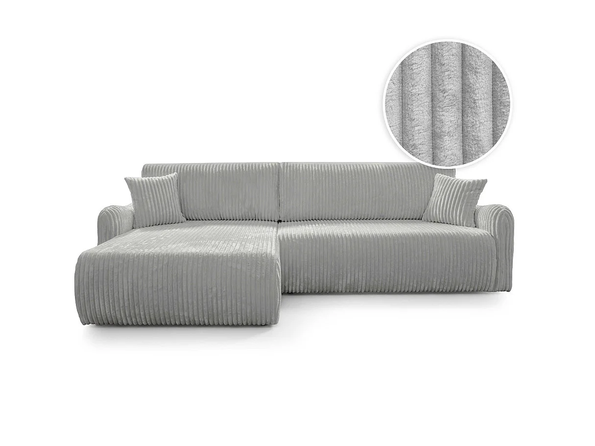 Canapé d'angle APOLINE réversible convertible avec coffre en velours côtelé - Gris clair