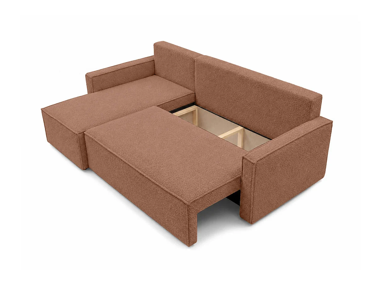 Canapé d'angle convertible 4p FARAH réversible avec coffre en tissu bouclette texturé terracotta
