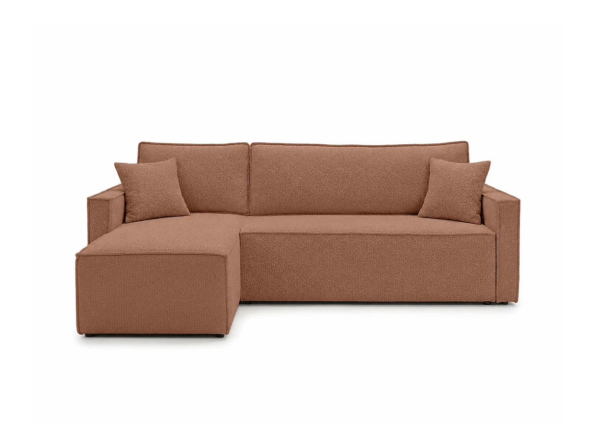 Canapé d'angle convertible 4p FARAH réversible avec coffre en tissu bouclette texturé terracotta