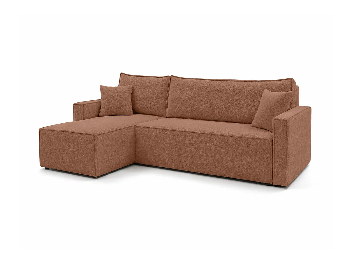 Canapé d'angle convertible 4p FARAH réversible avec coffre en tissu bouclette texturé terracotta