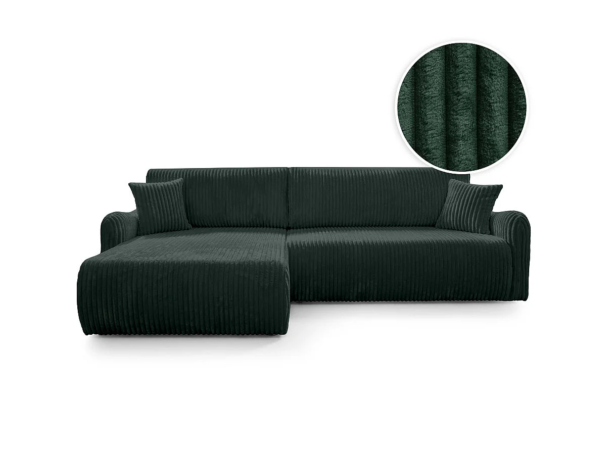 Canapé d'angle APOLINE réversible convertible avec coffre en velours côtelé - Vert foncé