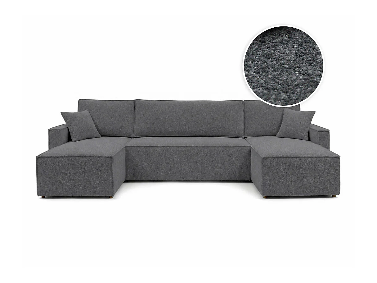 Canapé panoramique FARAH convertible 6 places avec rangement en tissu bouclette texturé Gris anthracite