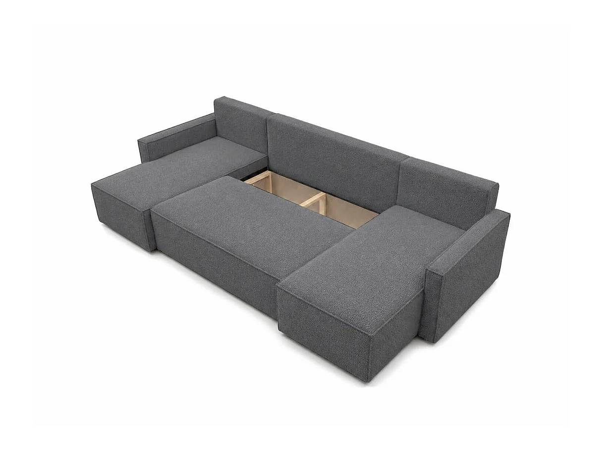 Canapé panoramique FARAH convertible 6 places avec rangement en tissu bouclette texturé Gris anthracite