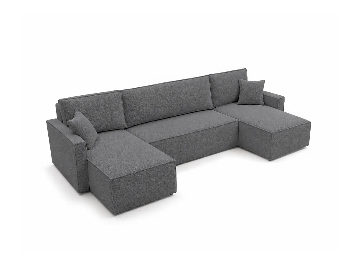 Canapé panoramique FARAH convertible 6 places avec rangement en tissu bouclette texturé Gris anthracite
