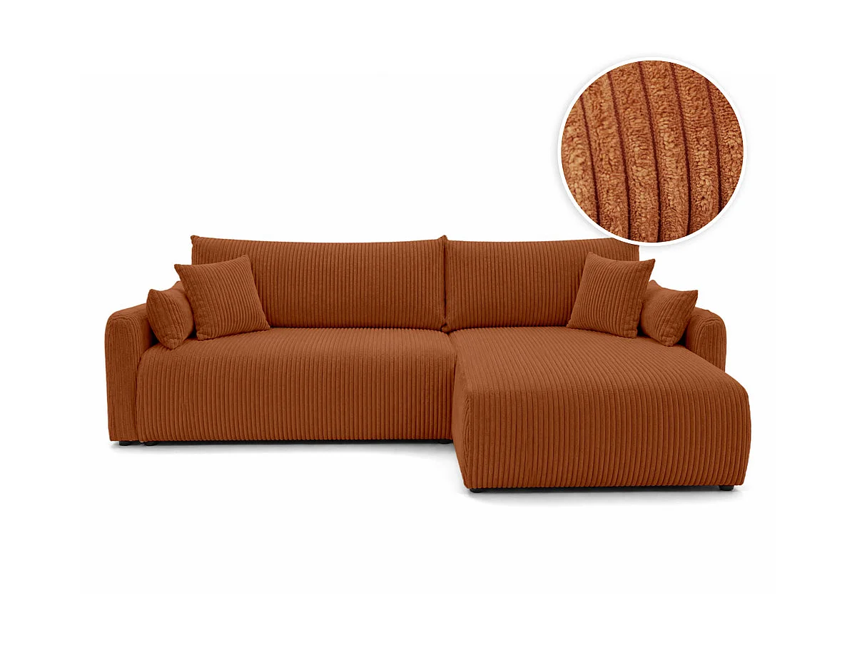 Canapé d'angle APOLINE réversible convertible avec coffre en velours côtelé - Terracotta