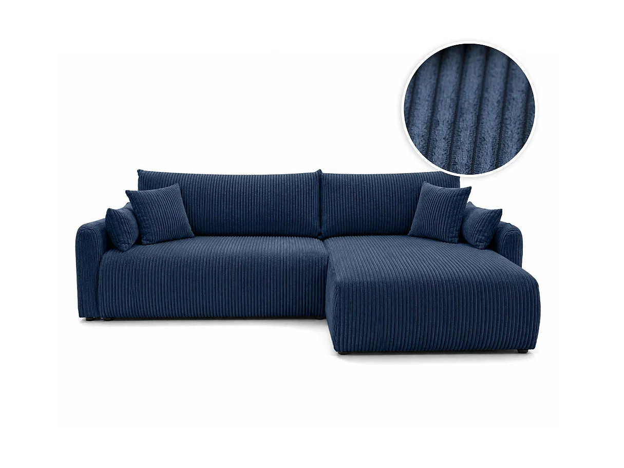 Canapé d'angle APOLINE réversible convertible avec coffre en velours côtelé - Bleu foncé