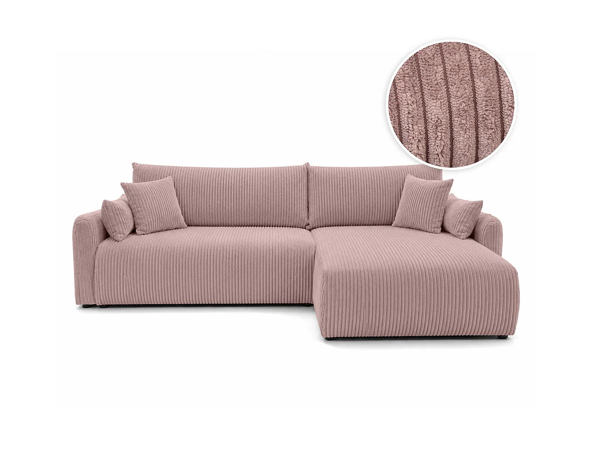Canapé d'angle APOLINE réversible convertible avec coffre en velours côtelé - Rose