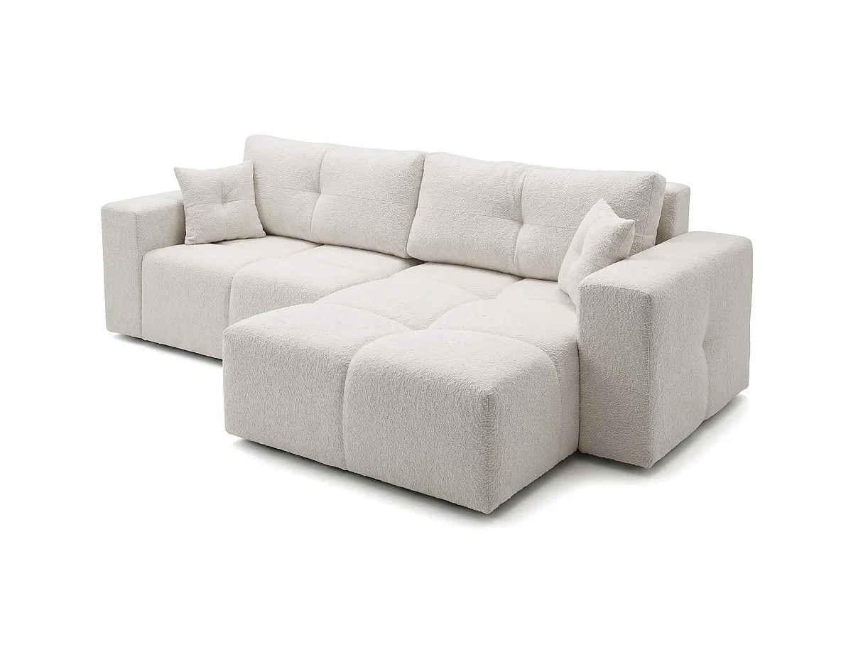 Canapé d'angle CELINE convertible réversible avec coffre en tissu bouclette - Blanc