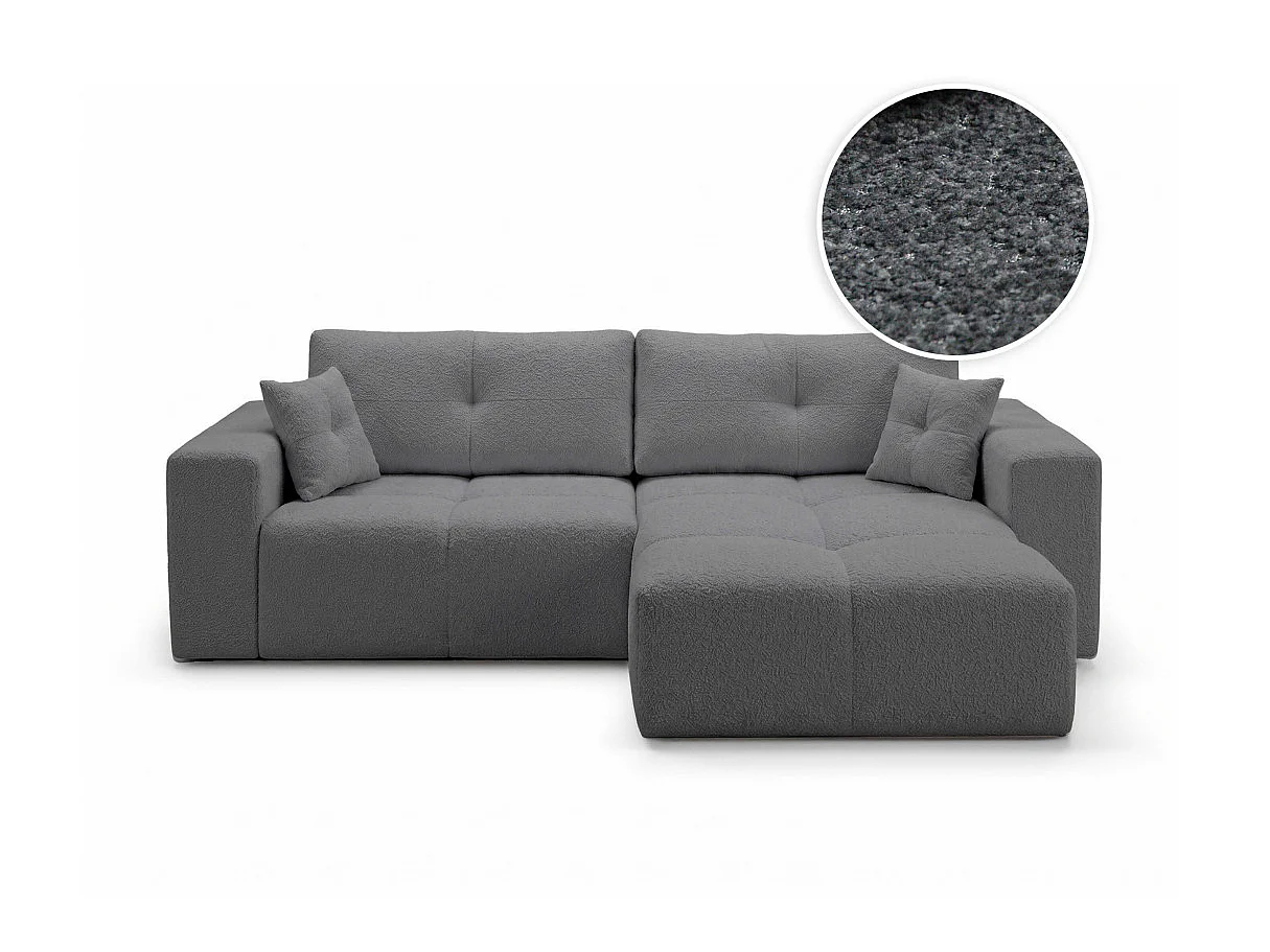 Canapé d'angle CELINE convertible réversible avec coffre en tissu bouclette - Gris anthracite