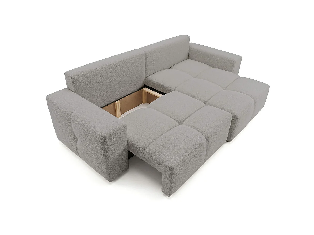Canapé d'angle CELINE convertible réversible avec coffre en tissu bouclette - Gris clair