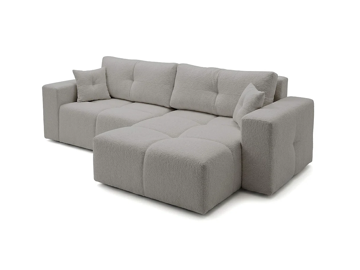 Canapé d'angle CELINE convertible réversible avec coffre en tissu bouclette - Gris clair