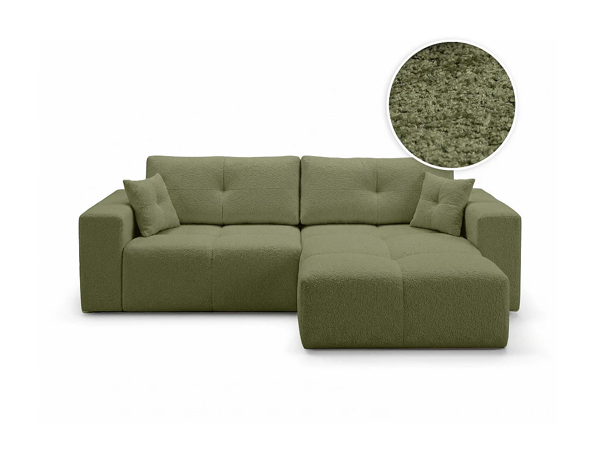 Canapé d'angle CELINE convertible réversible avec coffre en tissu bouclette - Vert kaki