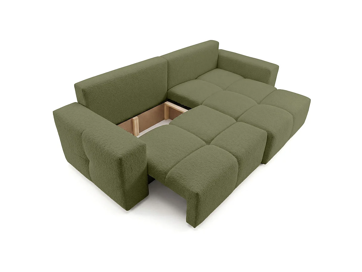 Canapé d'angle CELINE convertible réversible avec coffre en tissu bouclette - Vert kaki
