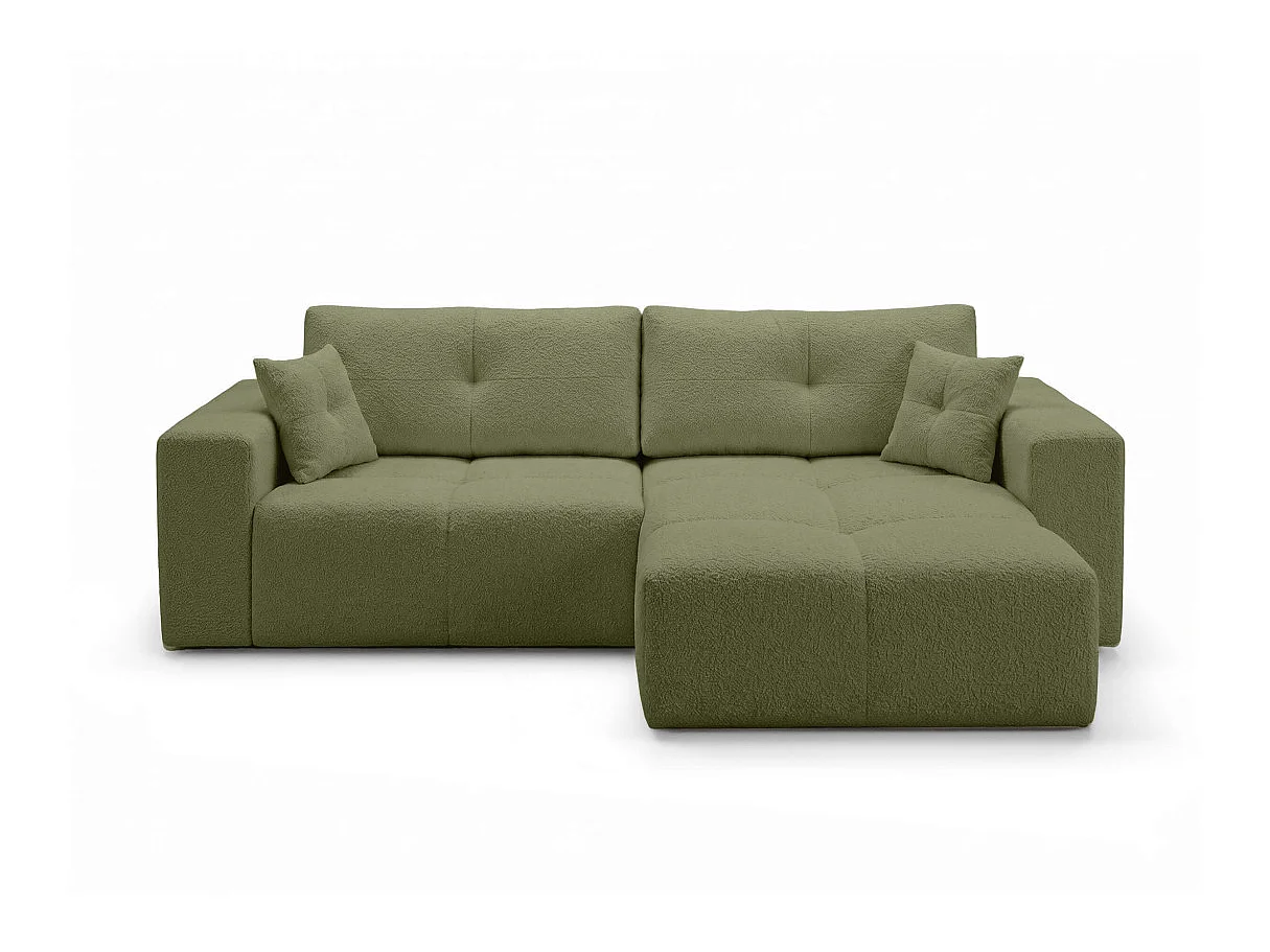Canapé d'angle CELINE convertible réversible avec coffre en tissu bouclette - Vert kaki