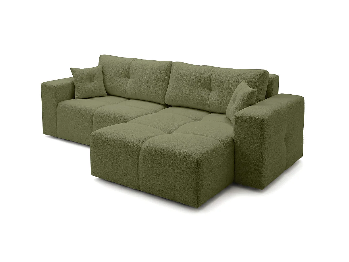 Canapé d'angle CELINE convertible réversible avec coffre en tissu bouclette - Vert kaki