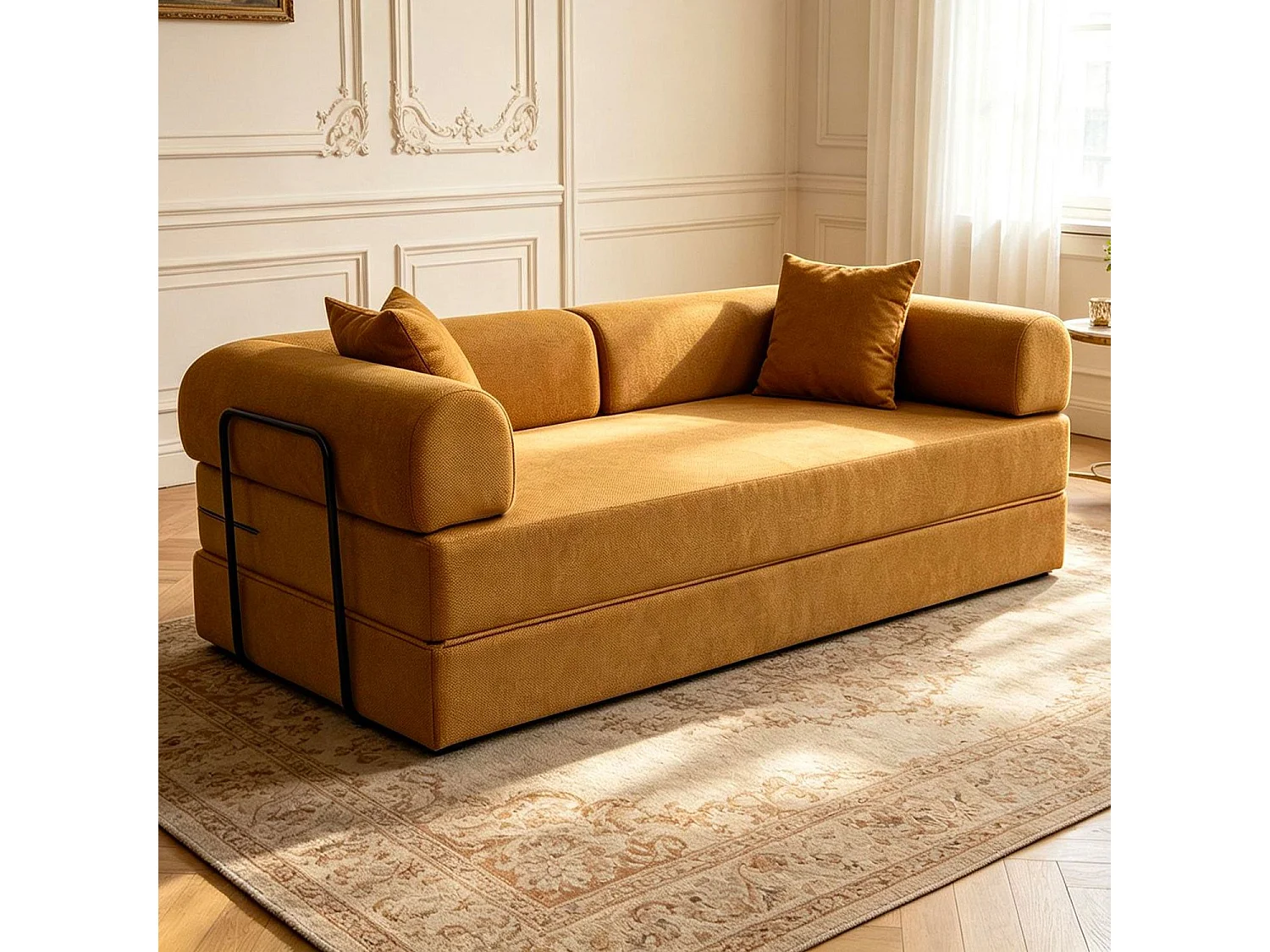 Canapé 3 places convertible et modulable Bergerac Tissu doux texturé Ocre doré