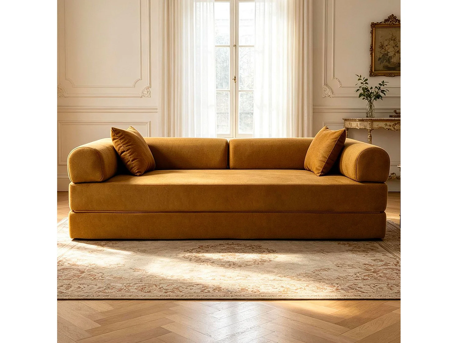 Canapé 3 places convertible et modulable Bergerac Tissu doux texturé Ocre doré
