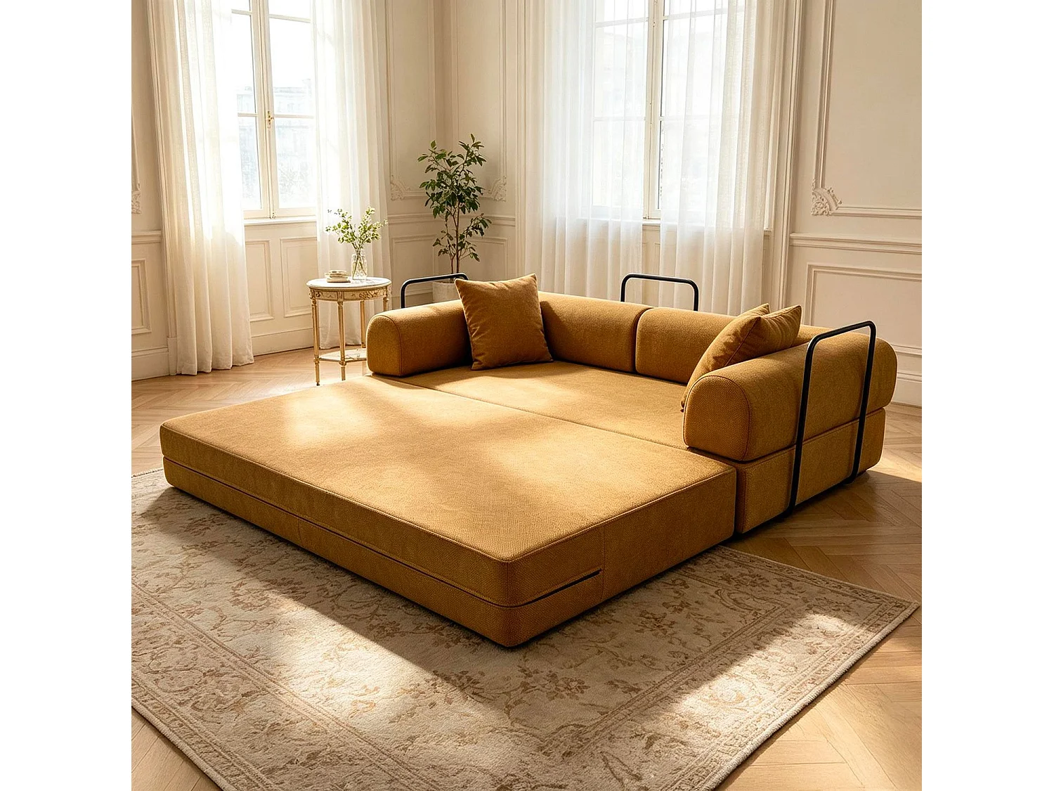 Canapé 3 places convertible et modulable Bergerac Tissu doux texturé Ocre doré
