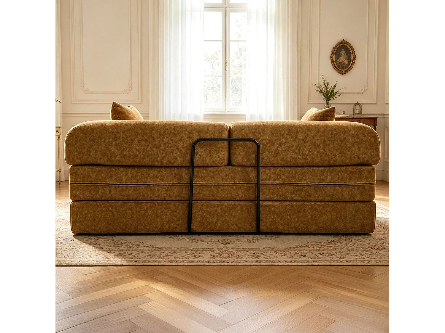 Canapé 3 places convertible et modulable Bergerac Tissu doux texturé Ocre doré