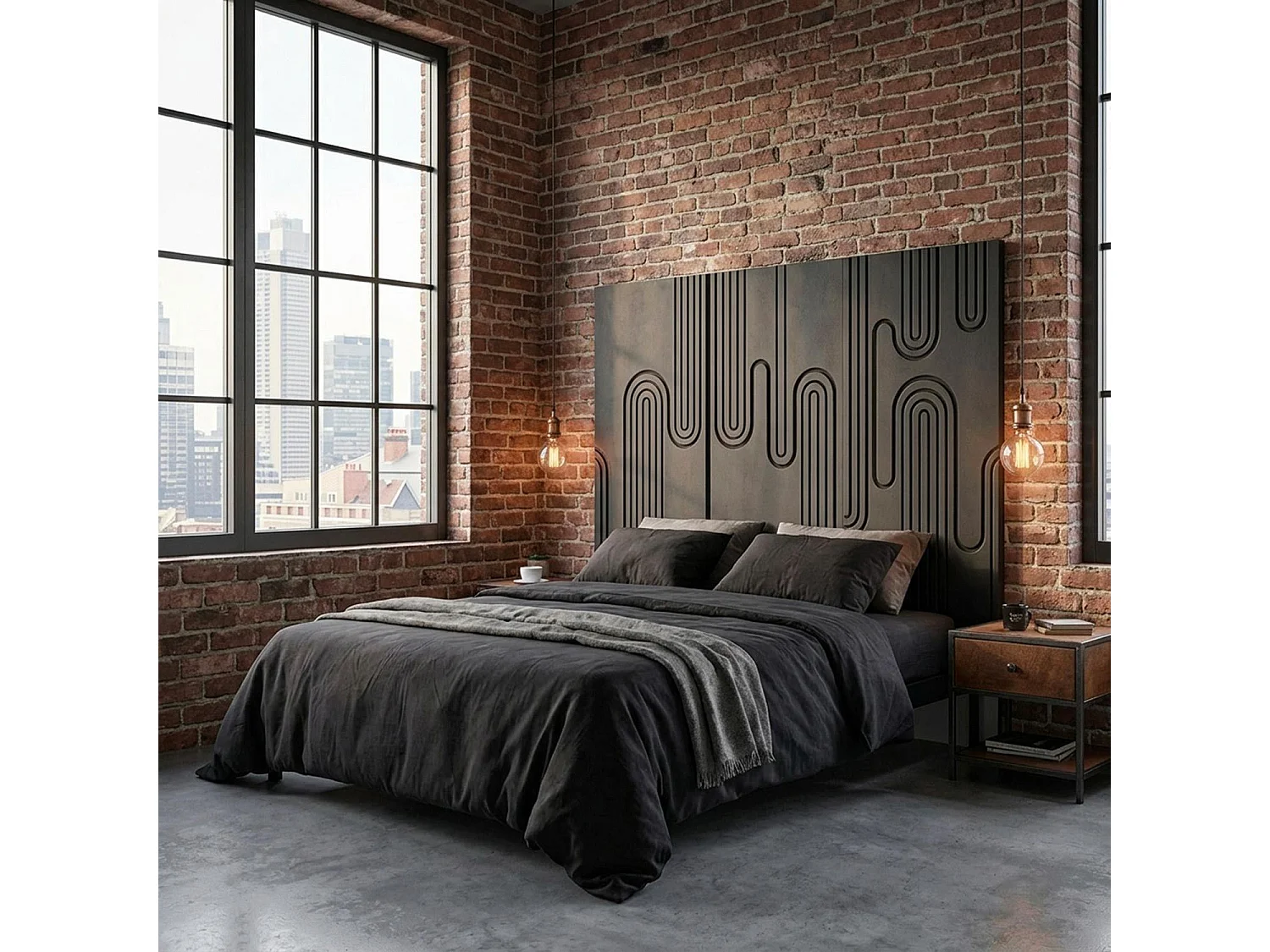 Tête de lit murale triptyque Aurore 160cm Bois sculpté Noir