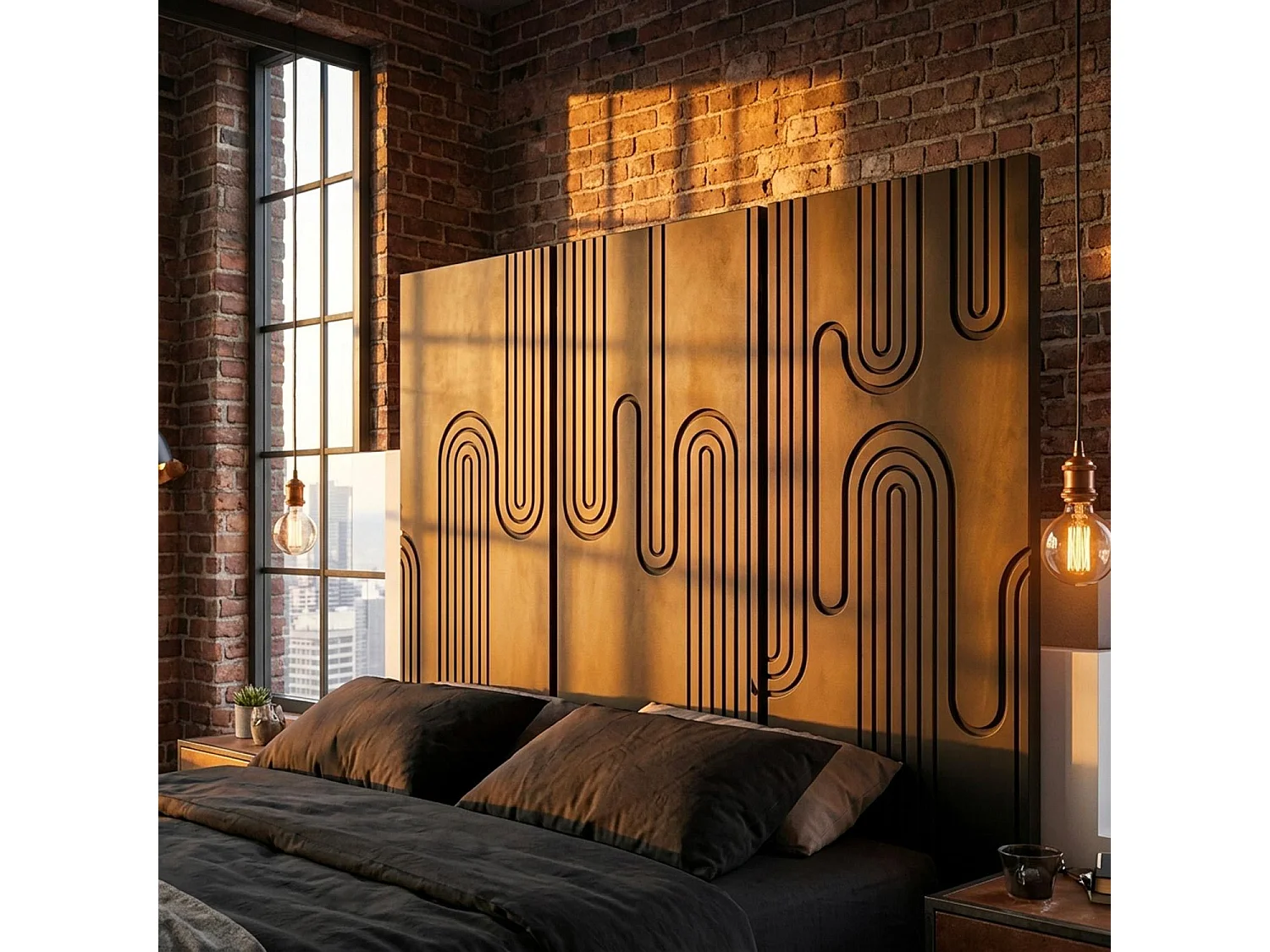 Tête de lit murale triptyque Aurore 160cm Bois sculpté Noir