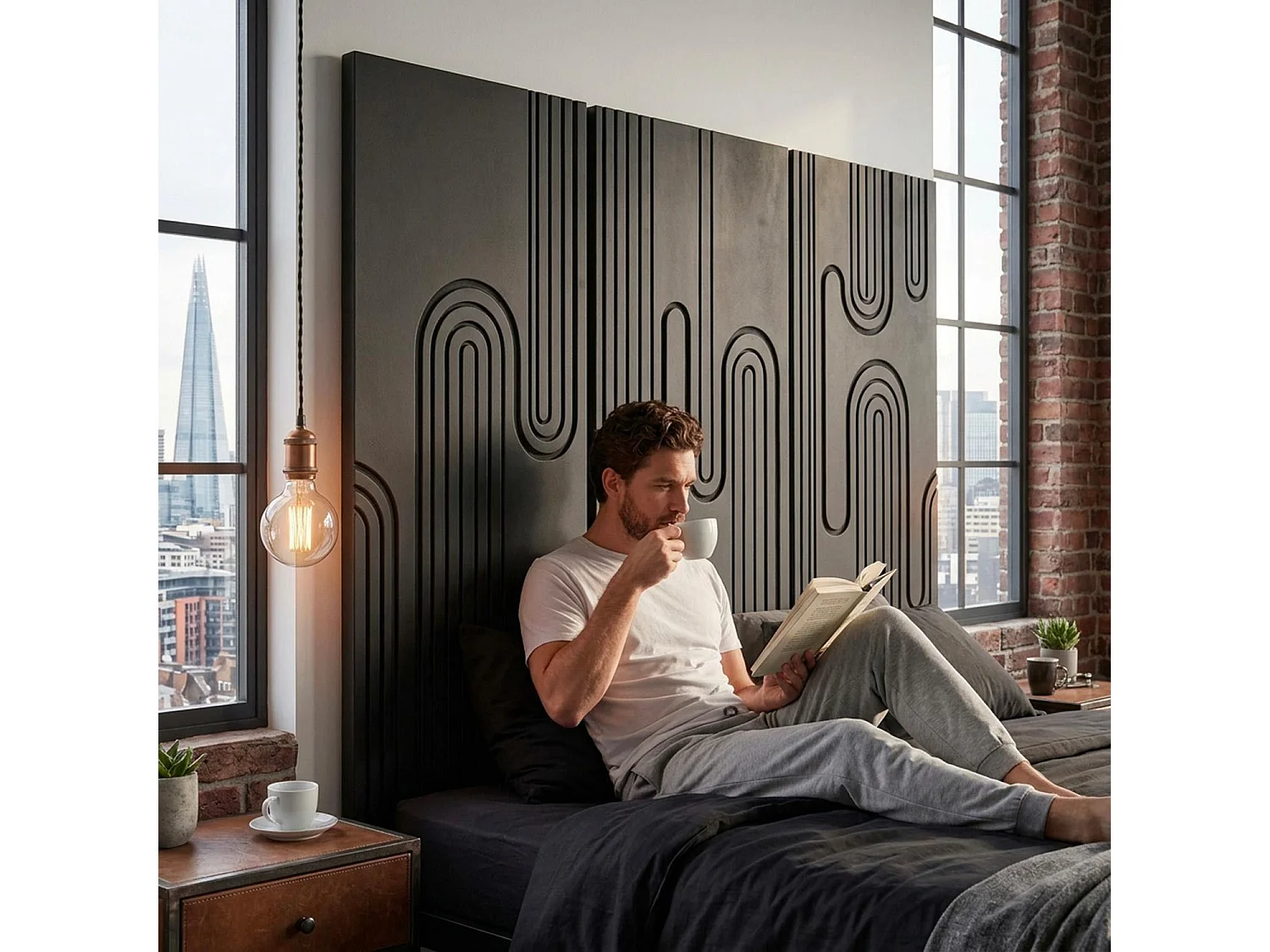 Tête de lit murale triptyque Aurore 160cm Bois sculpté Noir