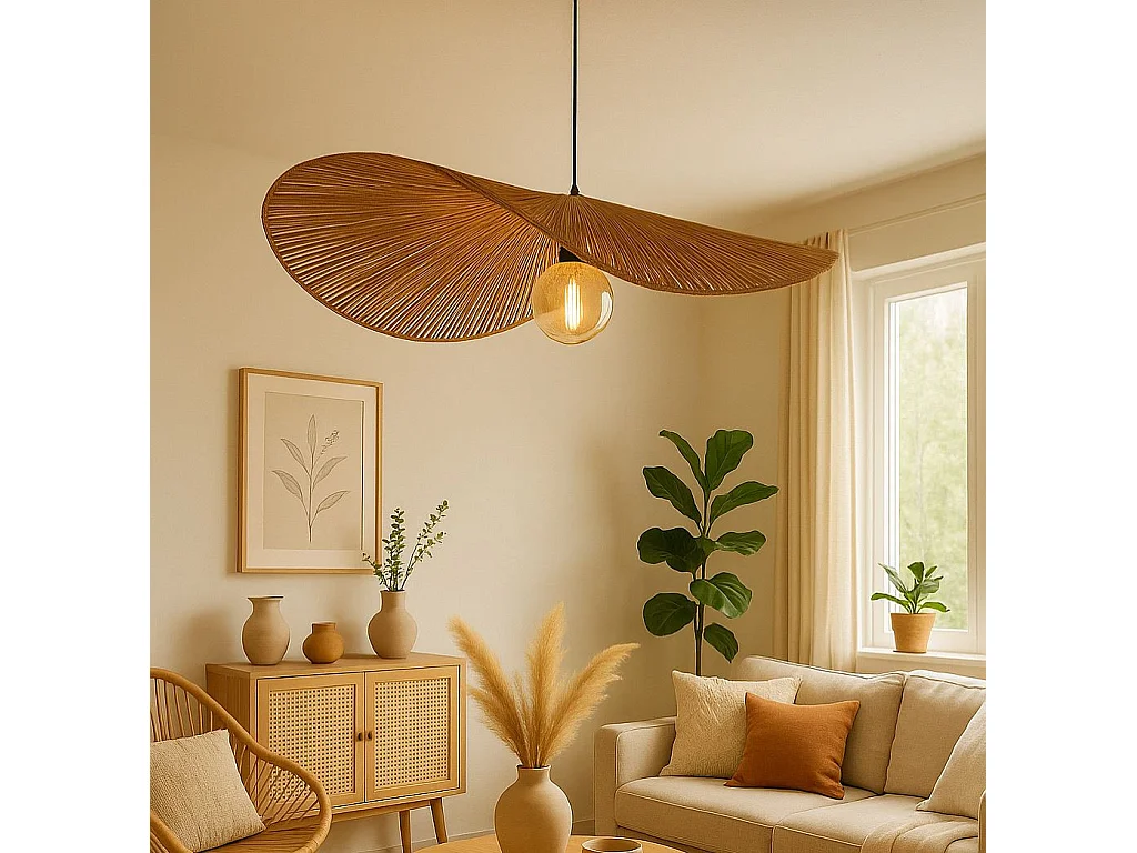 Justerbar "Bruz" Kronljus - Beige/Svart - Plast/Bambu - 30 x 30 cm - Hängande lampa