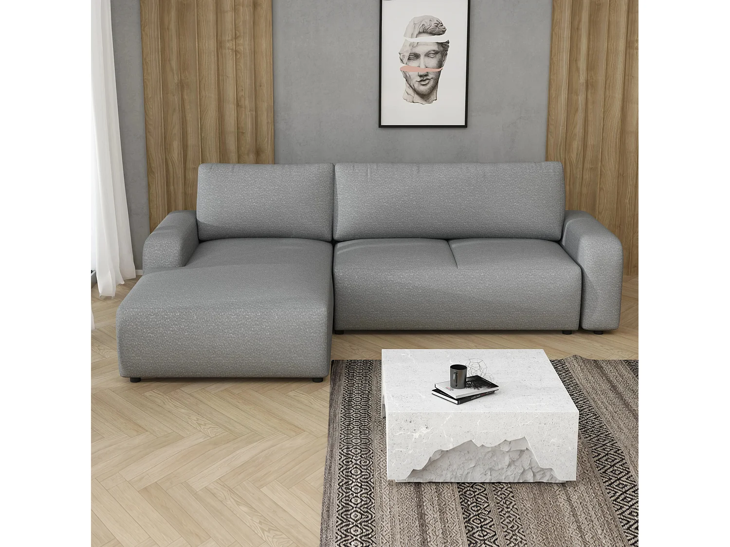 Canapé d’angle gauche convertible Ovo avec coffre, gris, 258x173 cm