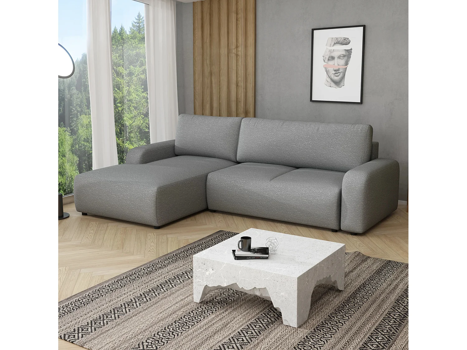 Canapé d’angle gauche convertible Ovo avec coffre, gris, 258x173 cm