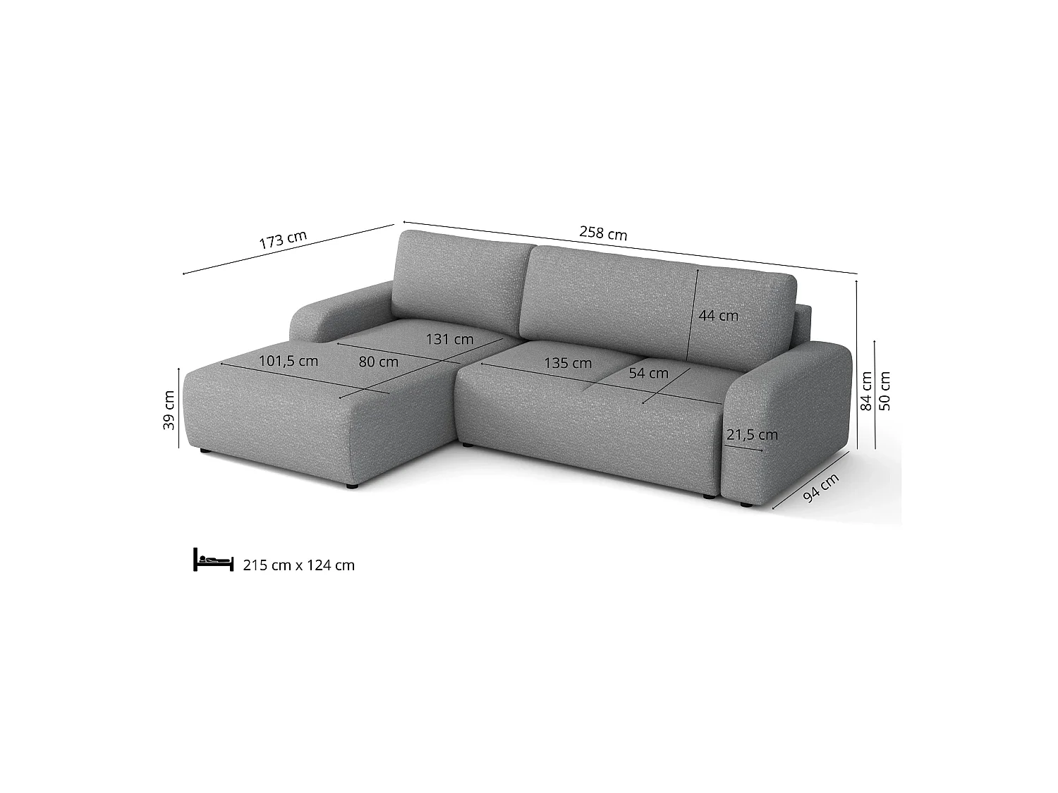 Canapé d’angle gauche convertible Ovo avec coffre, gris, 258x173 cm