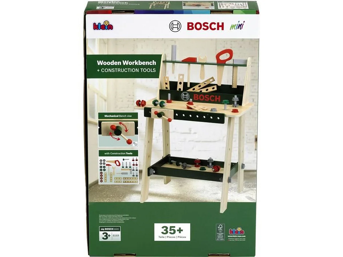 Établi en bois KLEIN sous licence Bosch avec 35+ outils, FSC, dès 3 ans