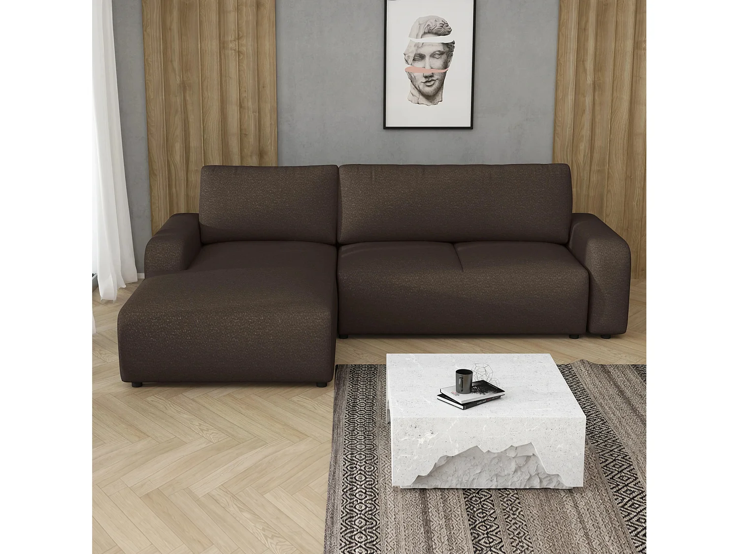 Hoekslaapbank Ovo met opbergruimte, bruin links, 258x173 cm