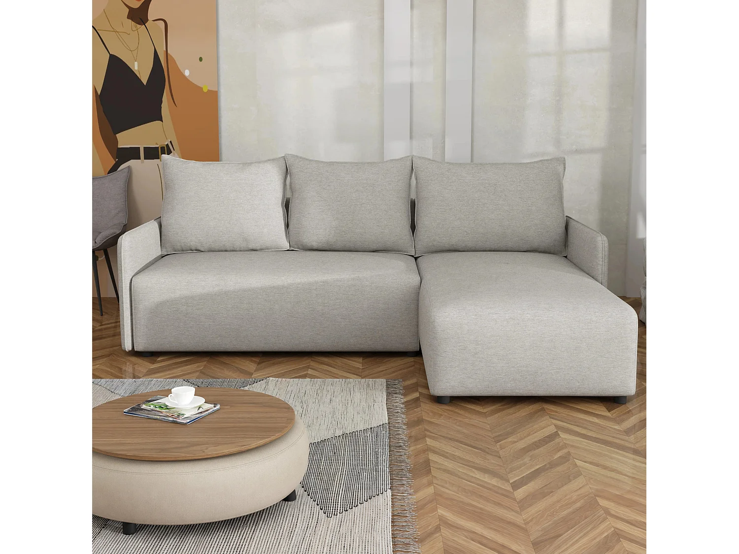 Canapé d’angle réversible convertible Carl avec coffre, gris clair, 228x169 cm