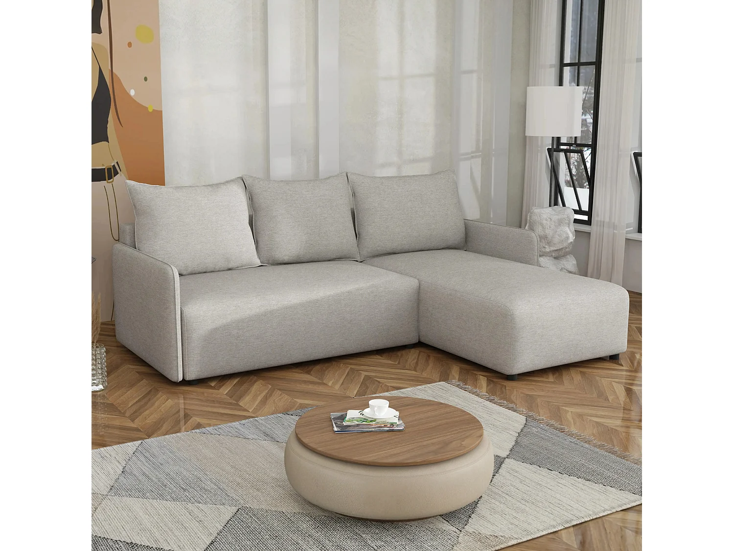 Canapé d’angle réversible convertible Carl avec coffre, gris clair, 228x169 cm