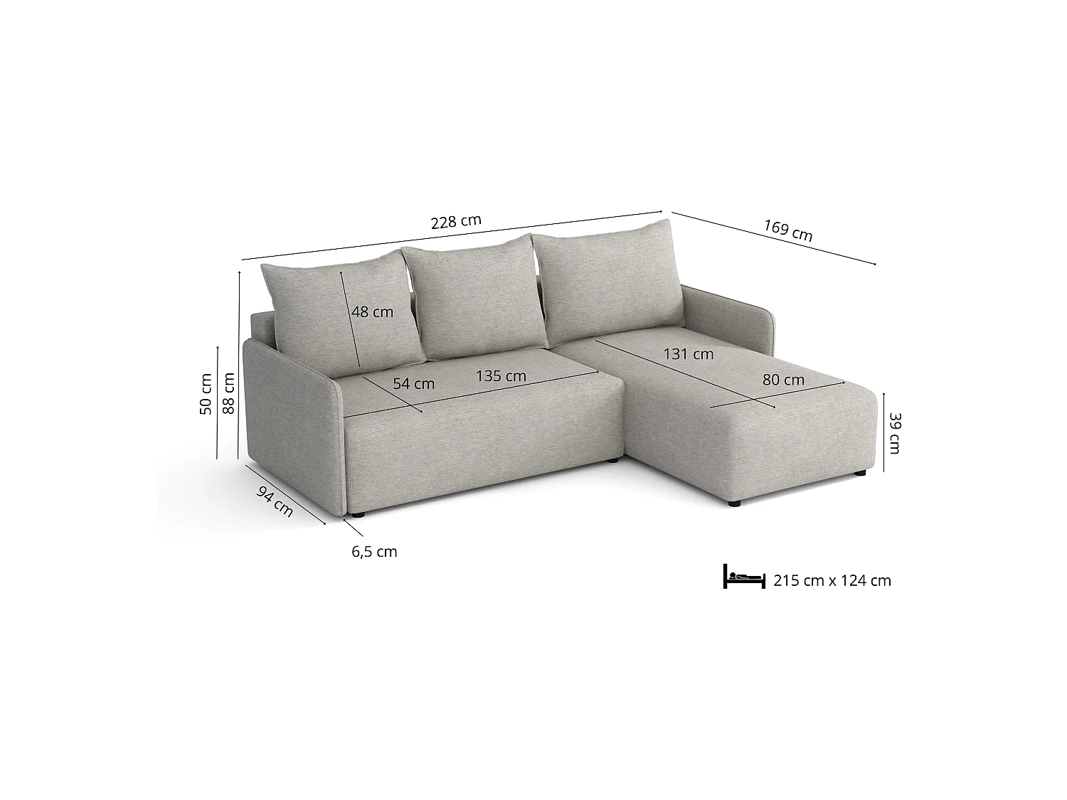 Canapé d’angle réversible convertible Carl avec coffre, gris clair, 228x169 cm