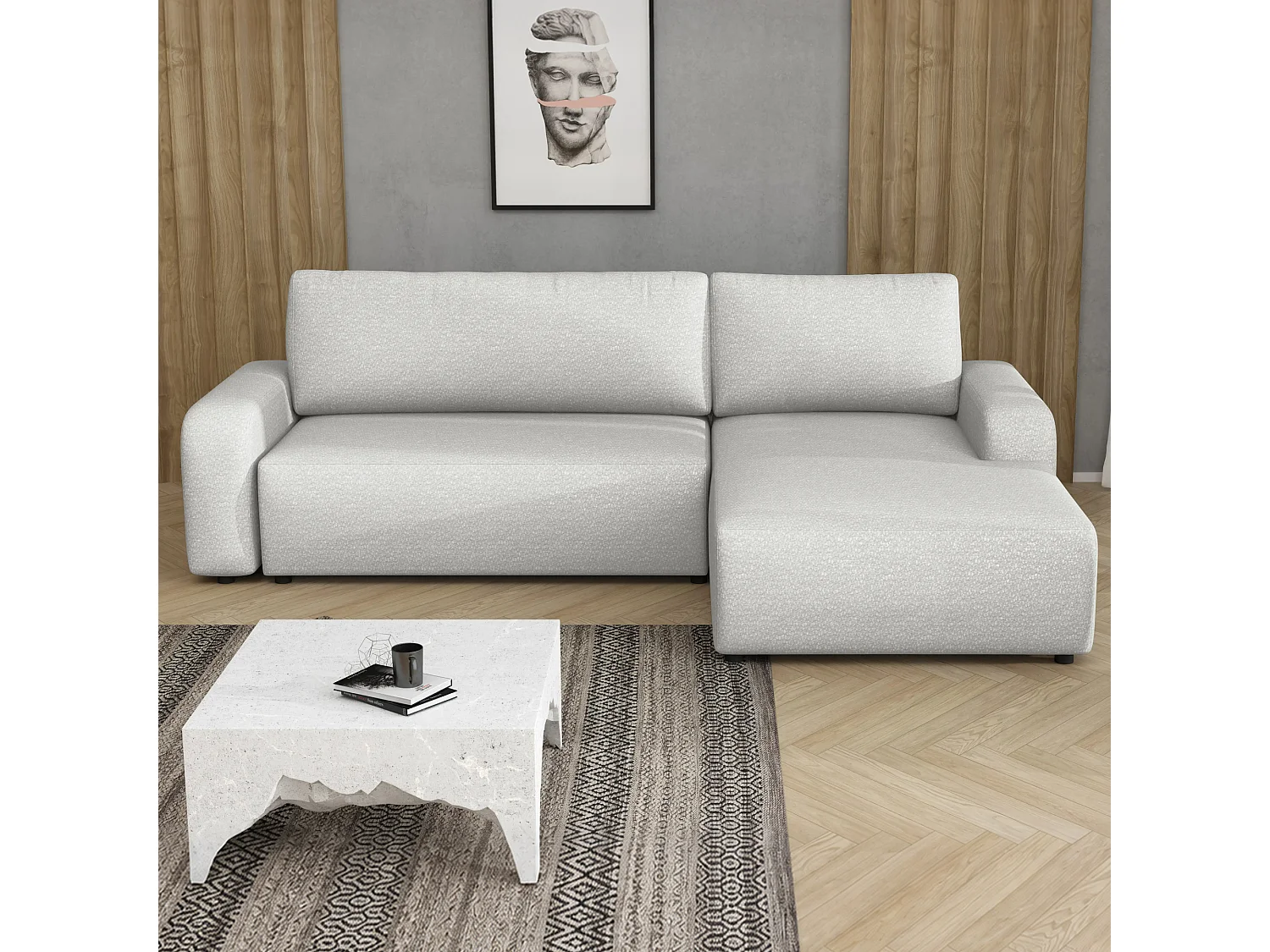 Canapé d’angle droit convertible Ovo II avec coffre, blanc, 258x173 cm