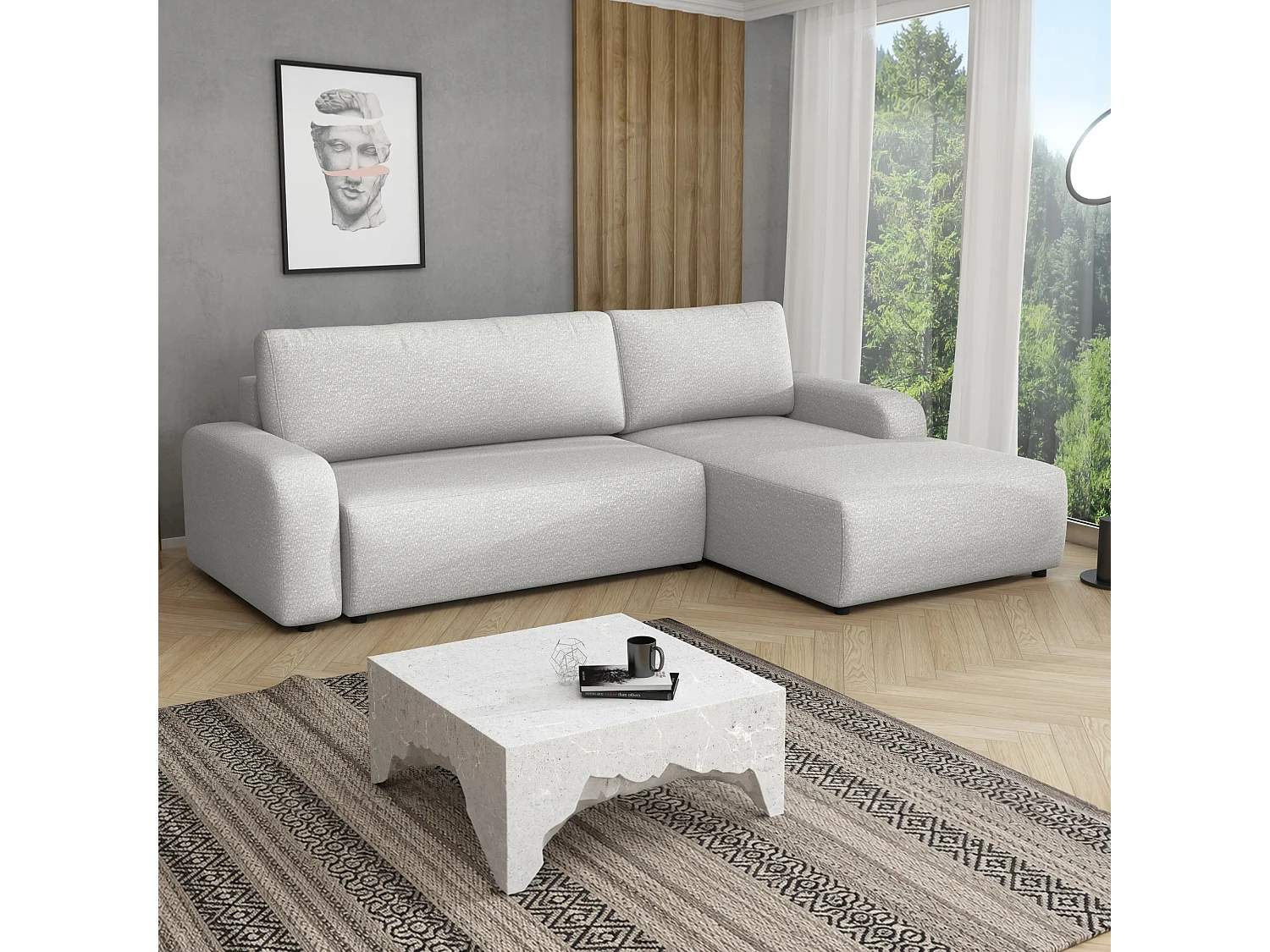 Canapé d’angle droit convertible Ovo II avec coffre, blanc, 258x173 cm