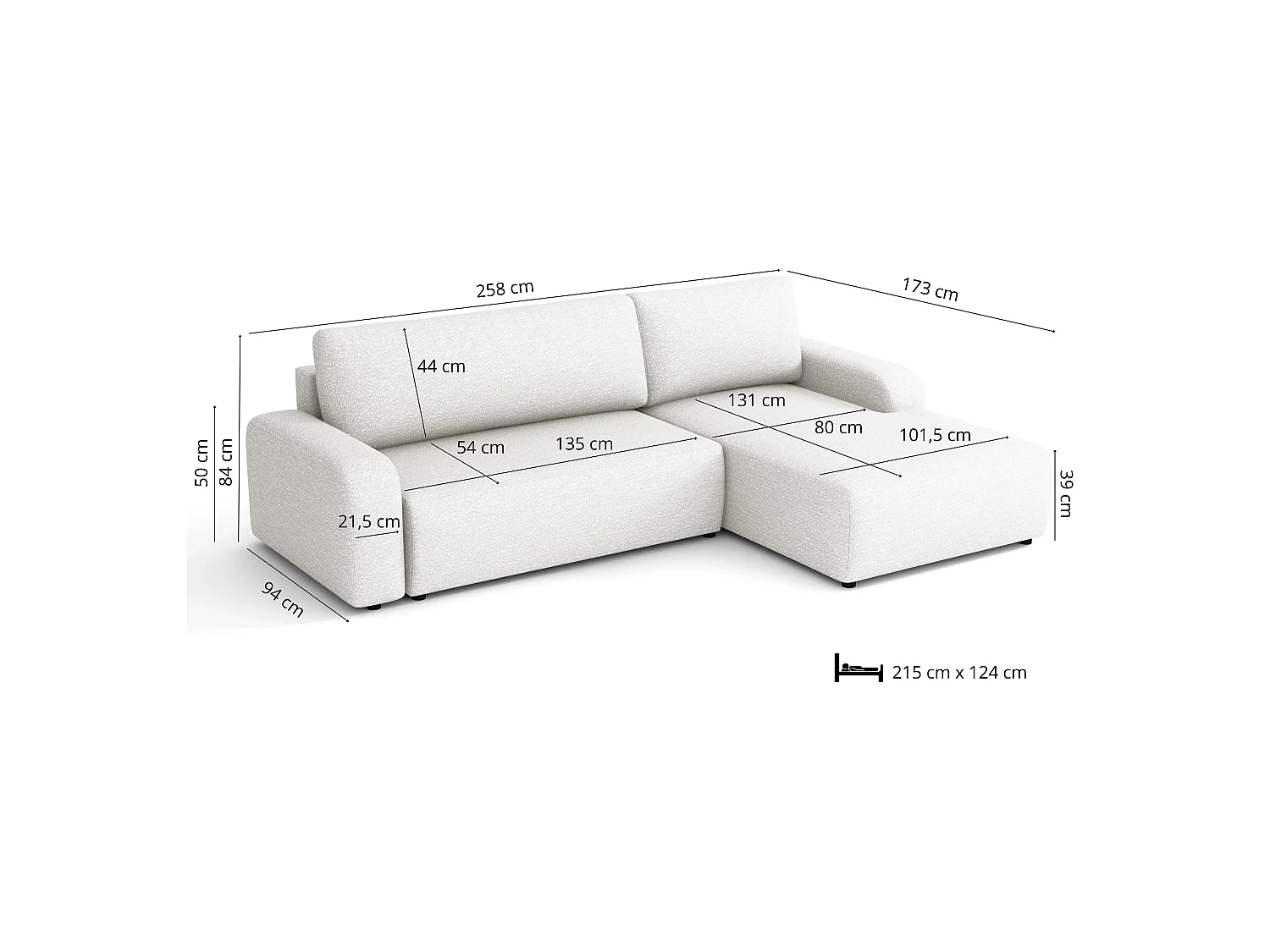 Canapé d’angle droit convertible Ovo II avec coffre, blanc, 258x173 cm