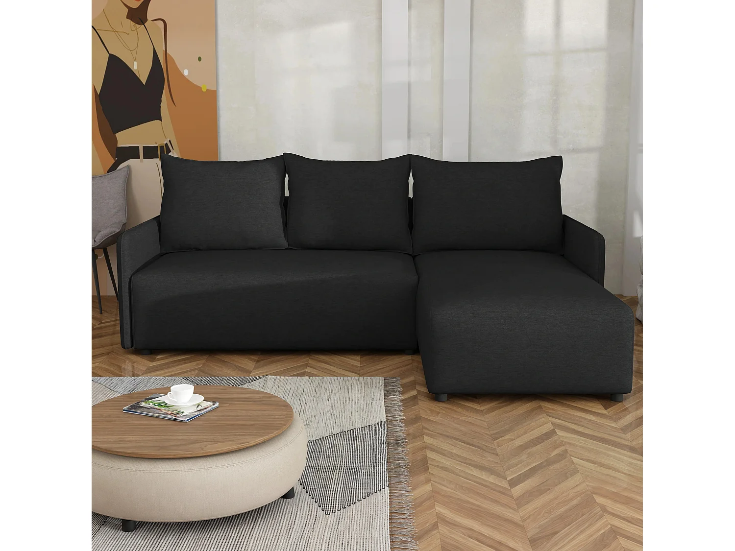 Canapé d’angle réversible convertible Carl avec coffre, noir, 228x169 cm