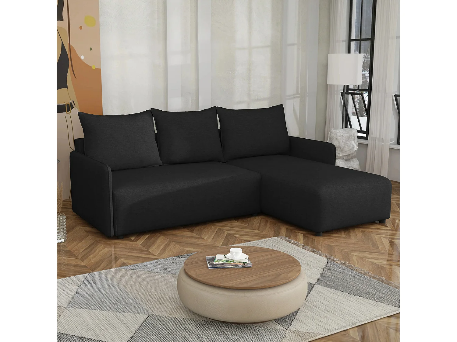 Canapé d’angle réversible convertible Carl avec coffre, noir, 228x169 cm