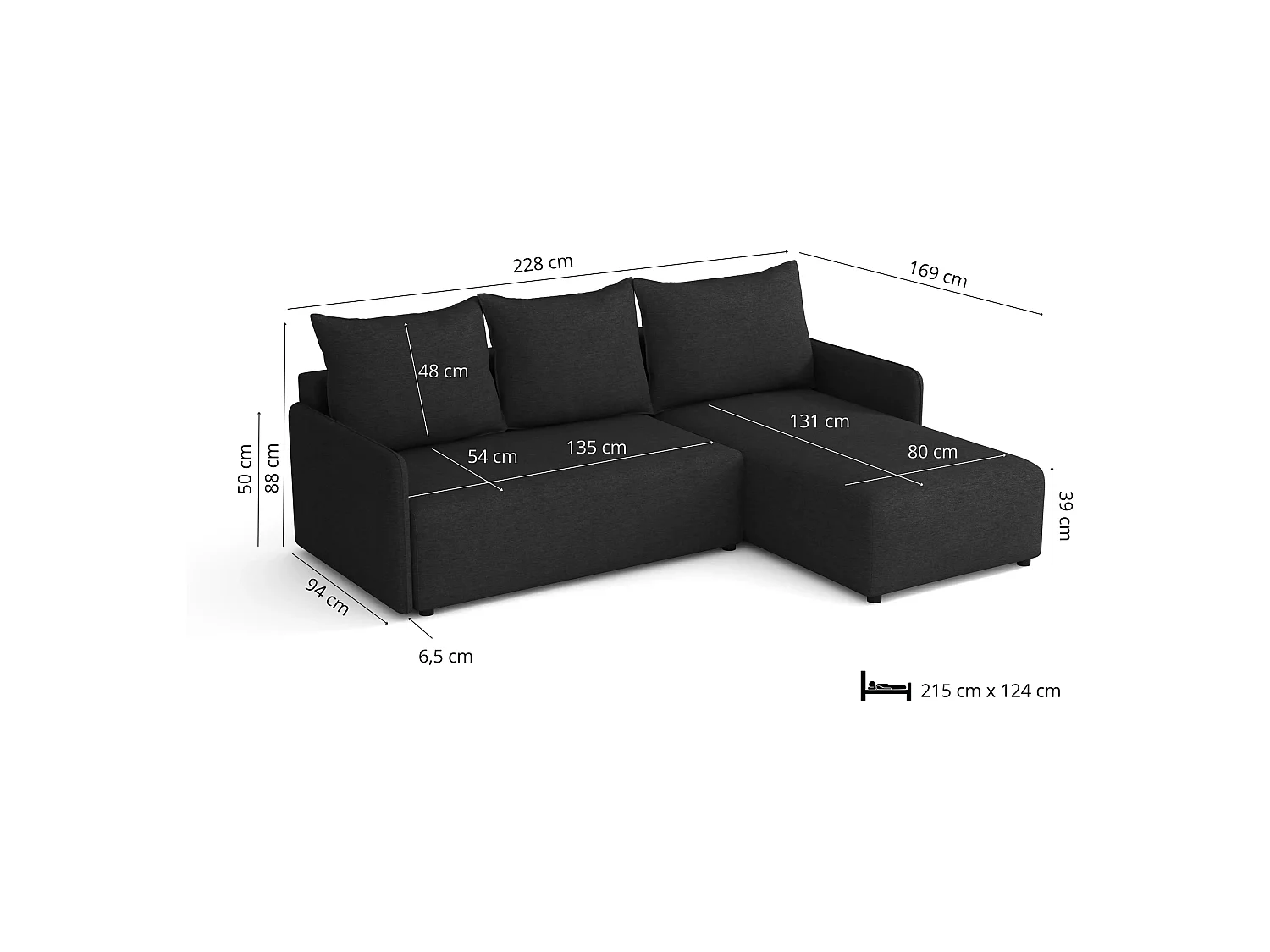 Canapé d’angle réversible convertible Carl avec coffre, noir, 228x169 cm