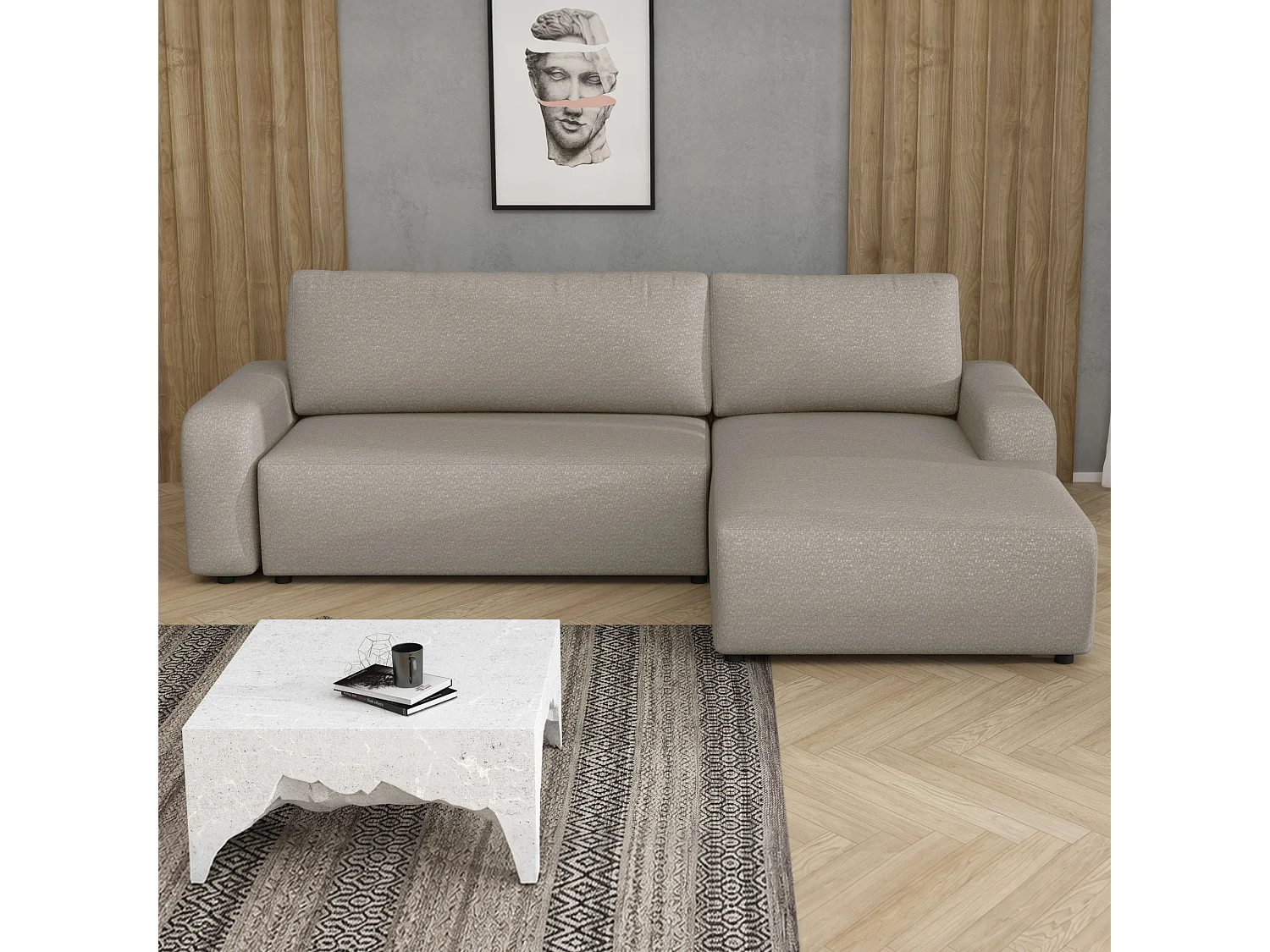 Hoekslaapbank Ovo II met opbergruimte, beige rechts, 258x173 cm