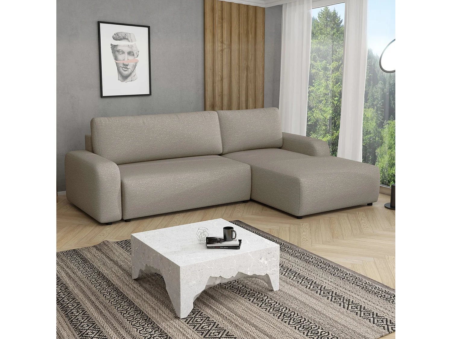 Hoekslaapbank Ovo II met opbergruimte, beige rechts, 258x173 cm