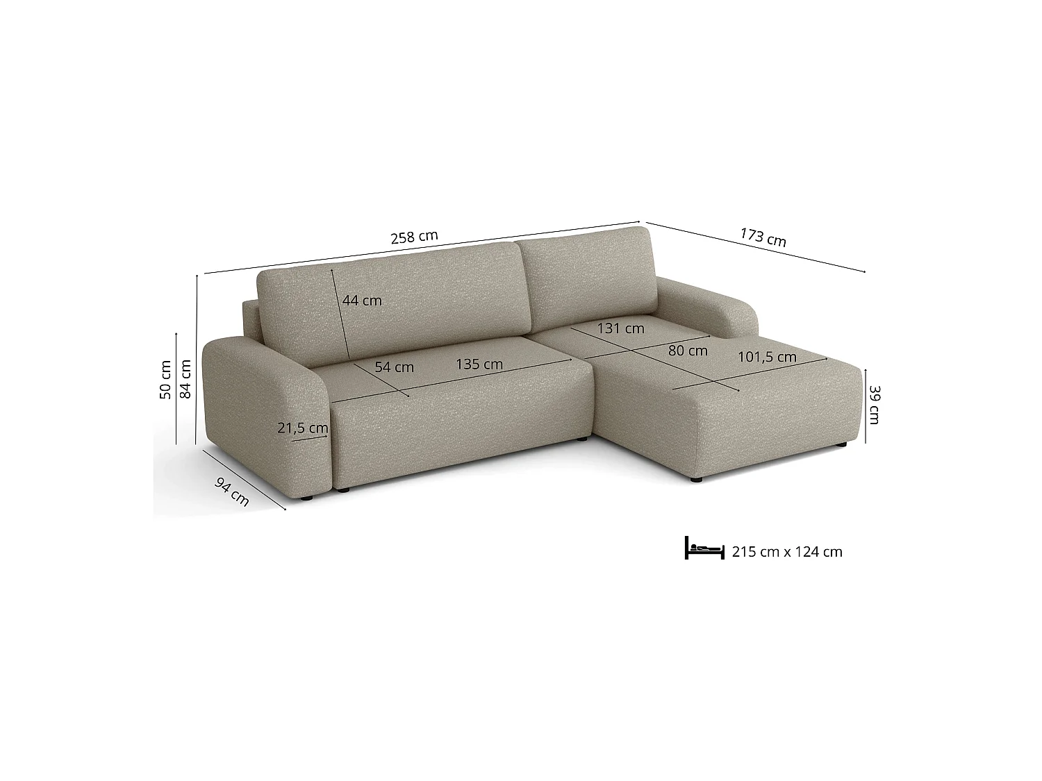 Hoekslaapbank Ovo II met opbergruimte, beige rechts, 258x173 cm