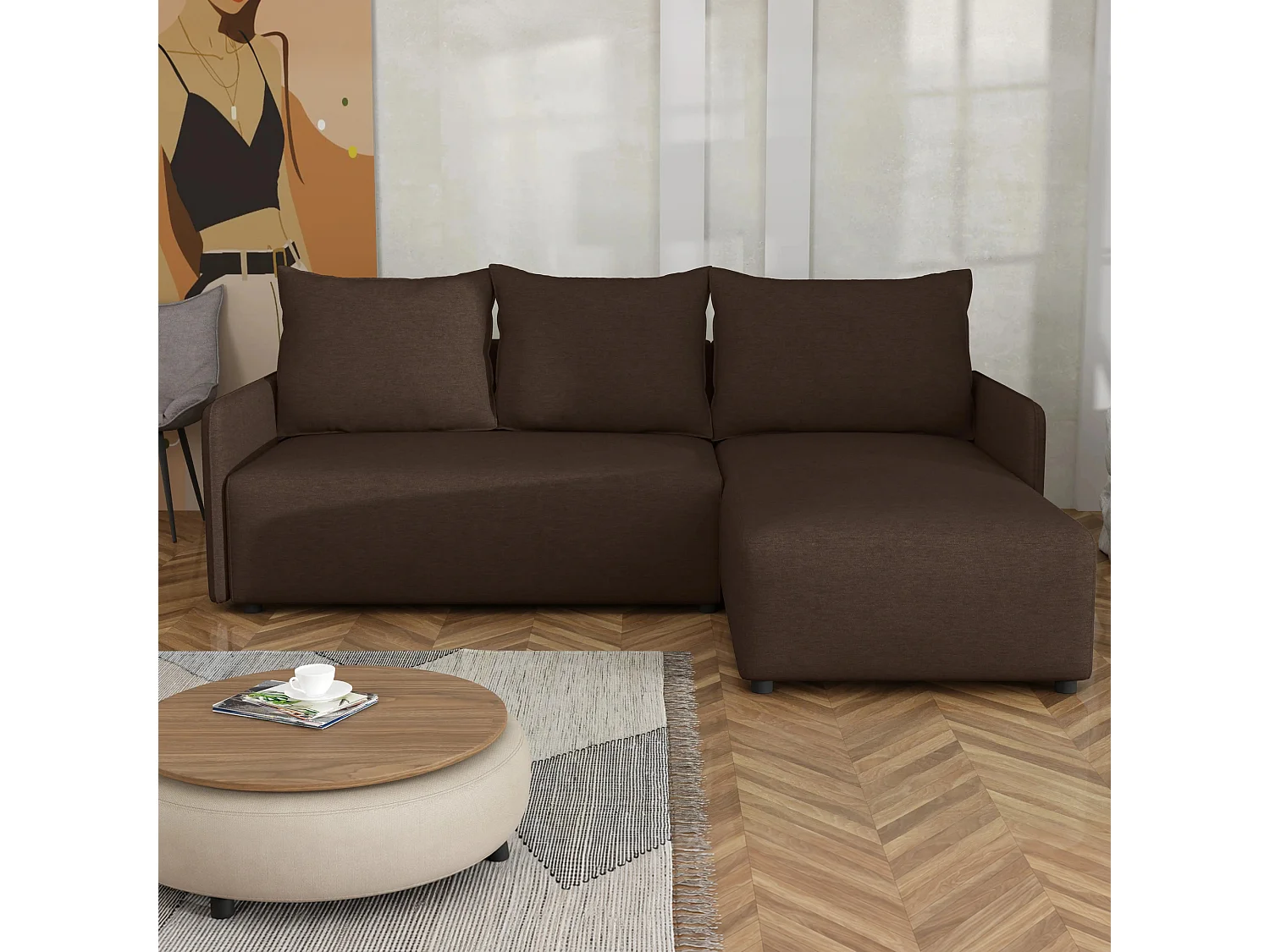 Canapé d’angle réversible convertible Carl avec coffre, marron, 228x169 cm