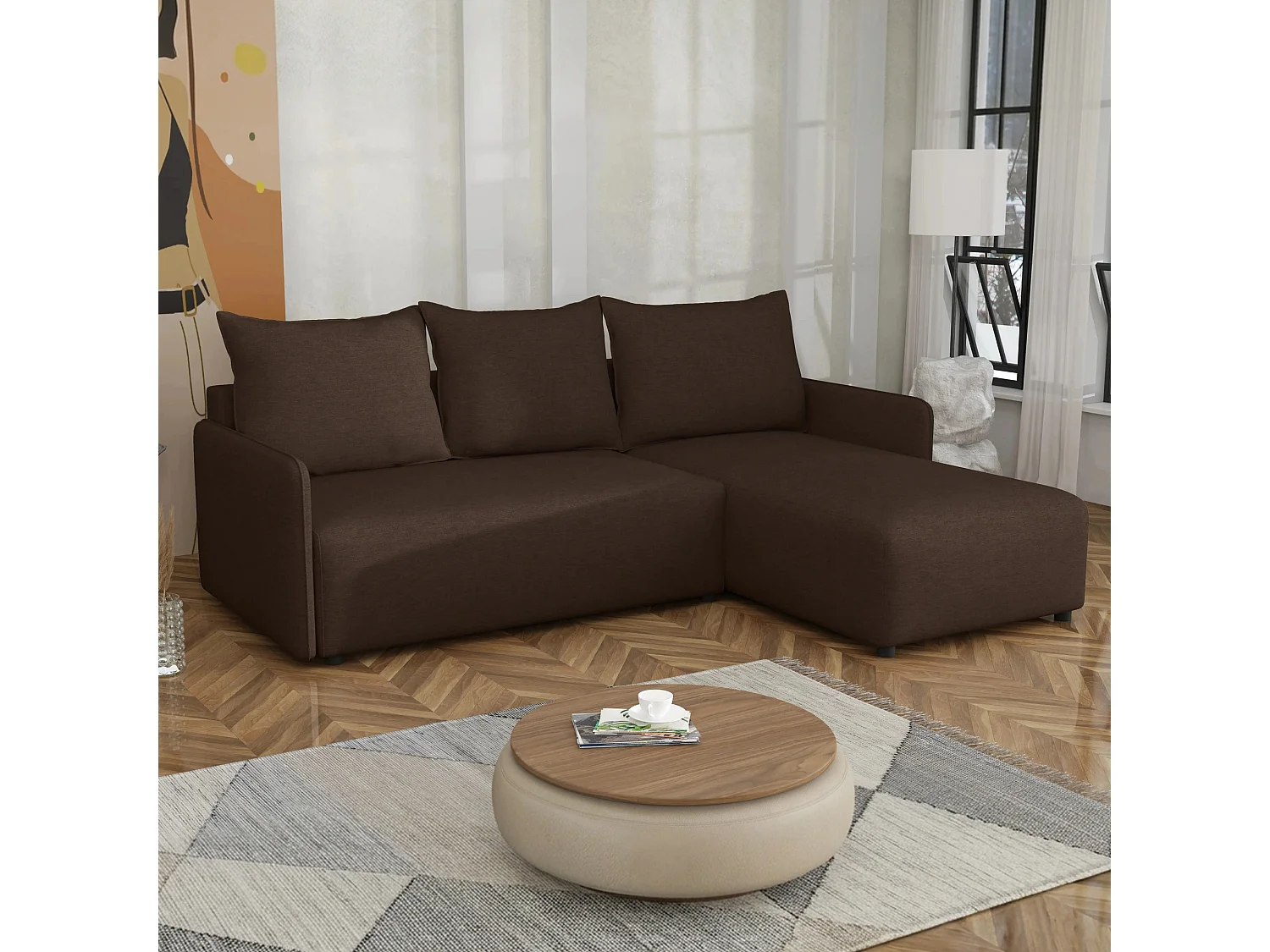 Canapé d’angle réversible convertible Carl avec coffre, marron, 228x169 cm
