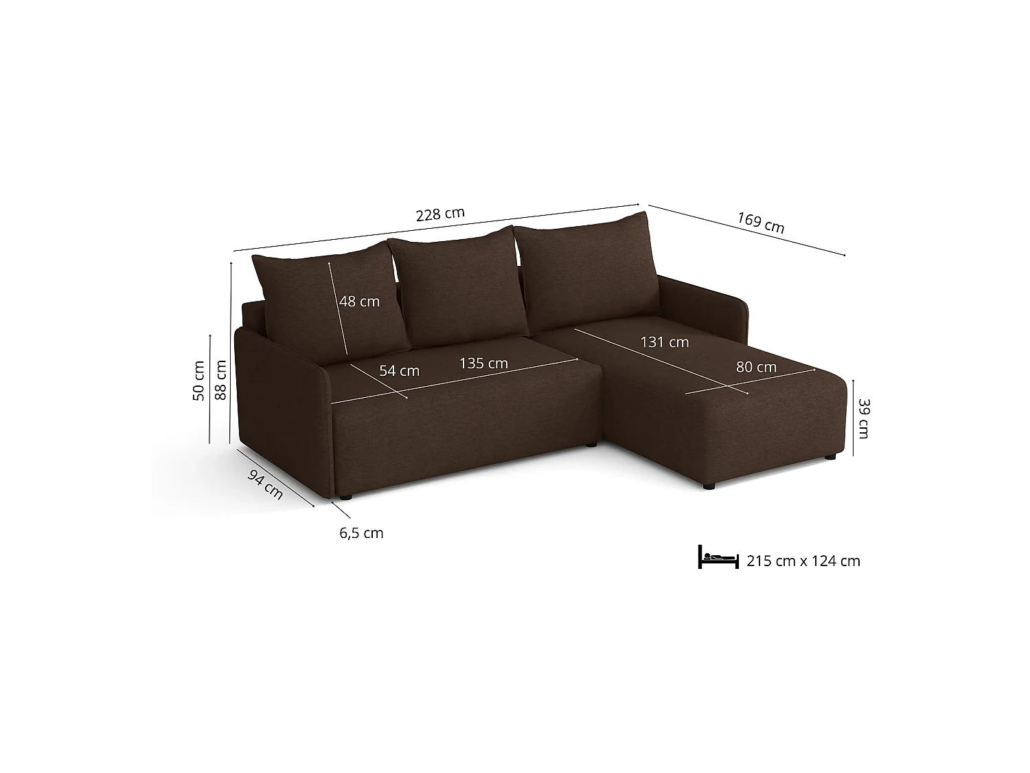 Canapé d’angle réversible convertible Carl avec coffre, marron, 228x169 cm