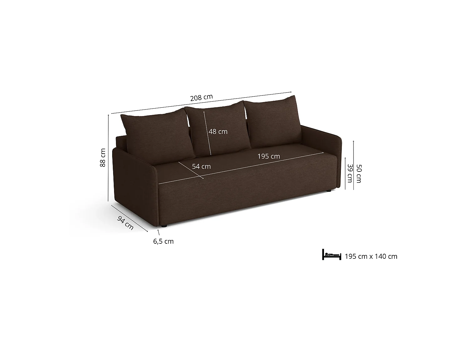 Canapé convertible Carl avec coffre, marron, 208x94 cm