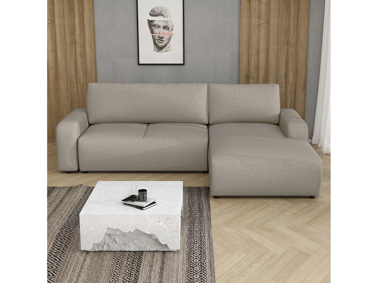 Hoekslaapbank Ovo met opbergruimte, beige rechts, 258x173 cm